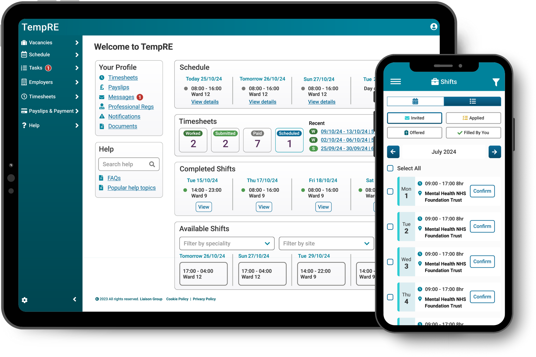 Tablet and Phone screen view of TempRE system dashboard and shift booking screen