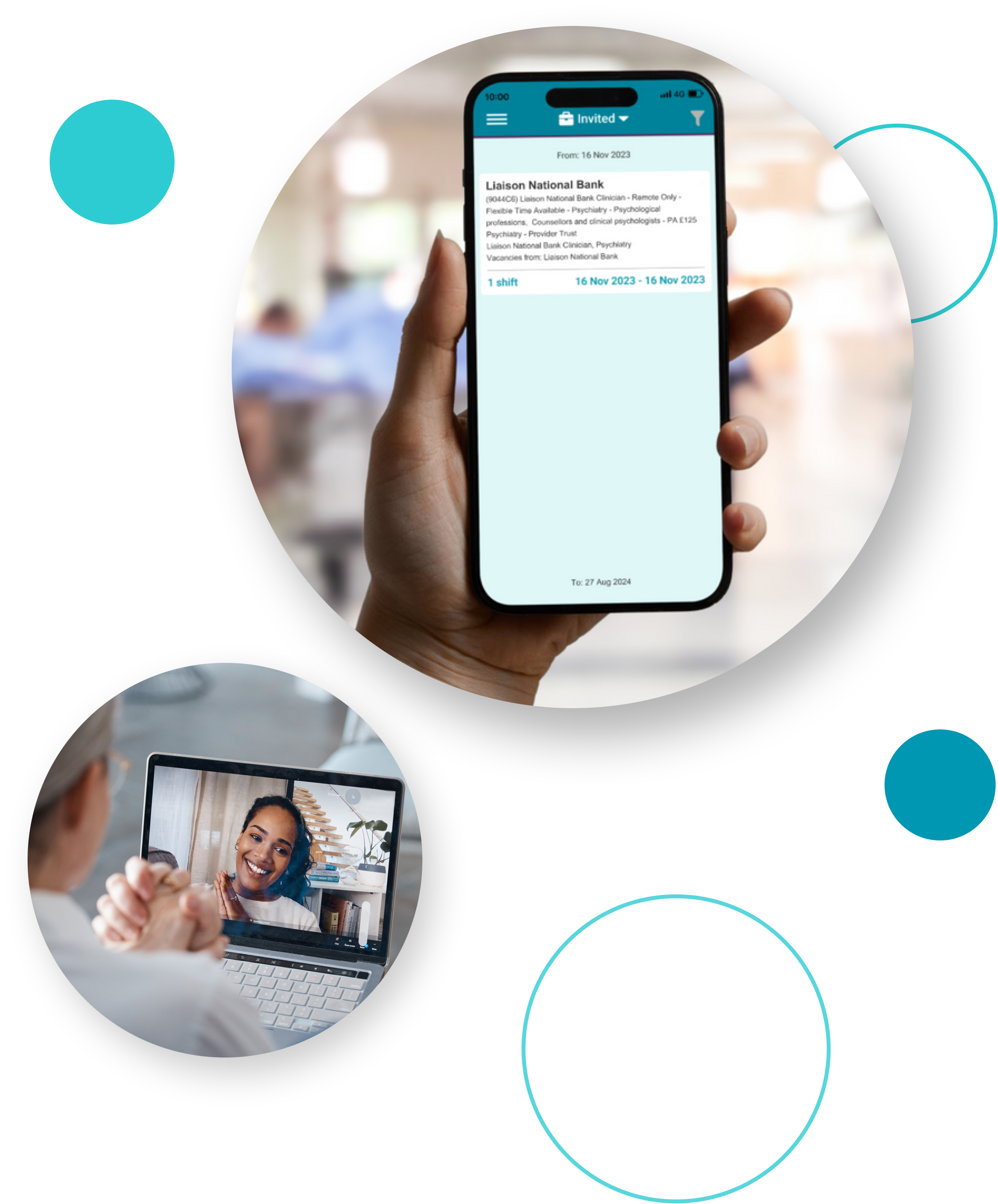 Phone screen showcasing shift invitation to a Liaison National Bank professional and a Liaison National Bank mental health professional on a video call with a patient