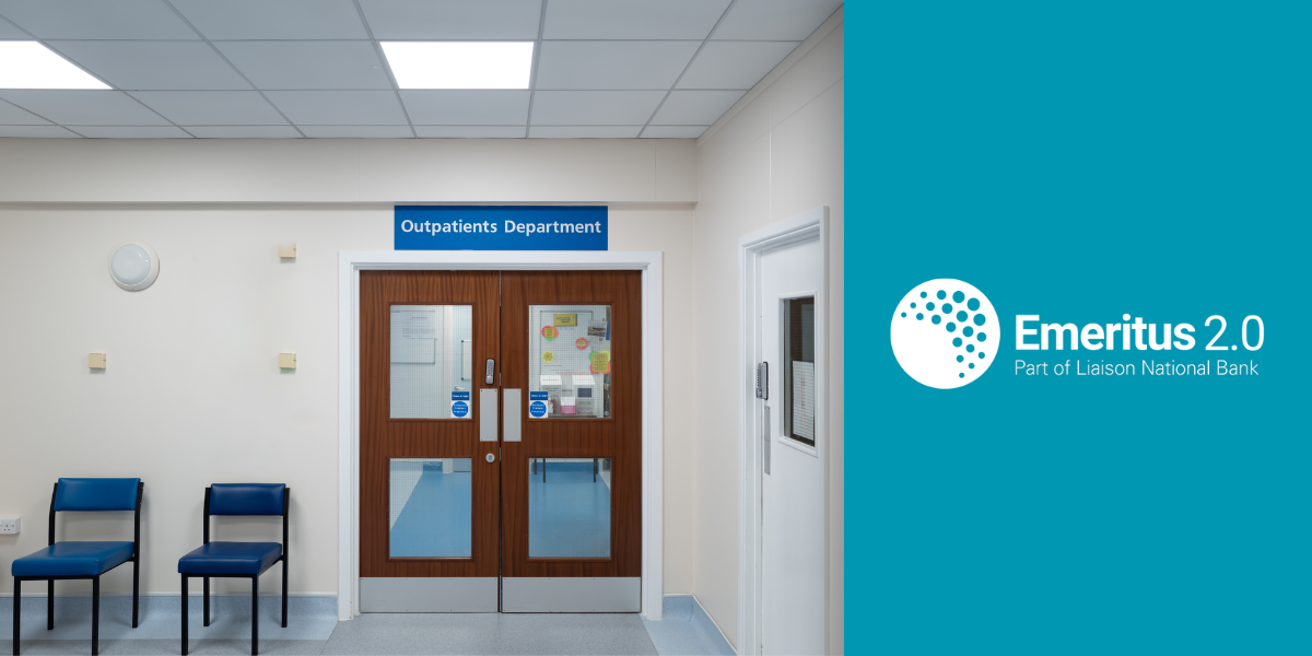 Image containing a door to an NHS outpatients department with Emeritus 2.0 logo overlapping